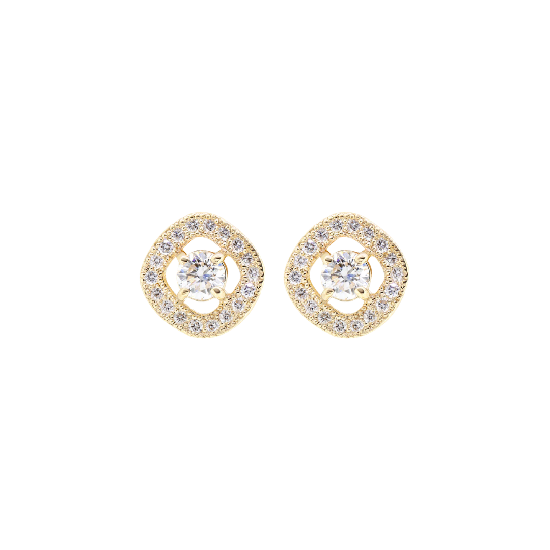 Gold earrings with brilliant cut diamonds and a diamond halo