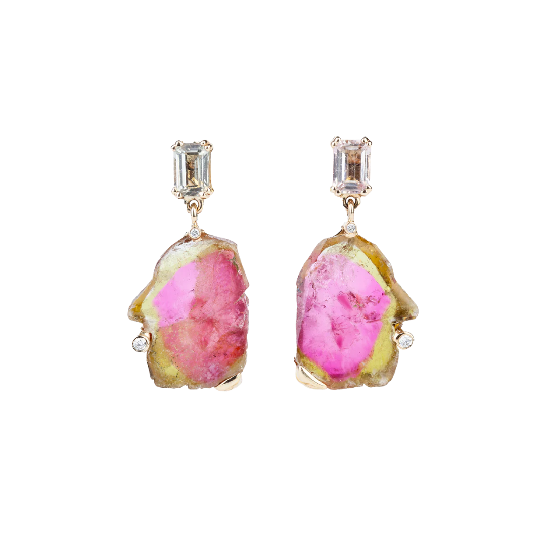 Gold earrings with diamonds and watermelon tourmaline