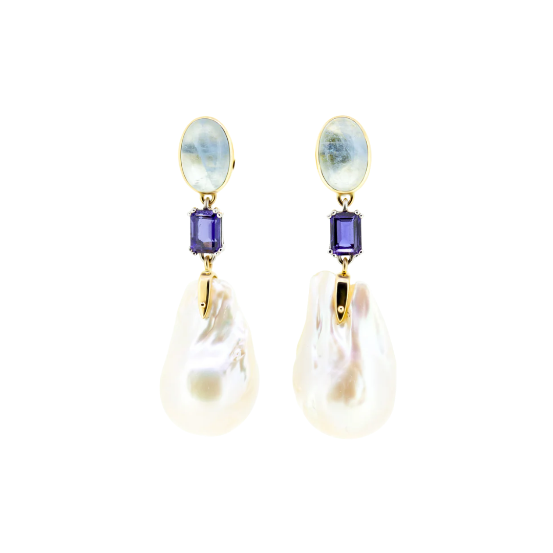 Gold earrings with a large comet baroque pearl, aquamarine and iolite - Seafood