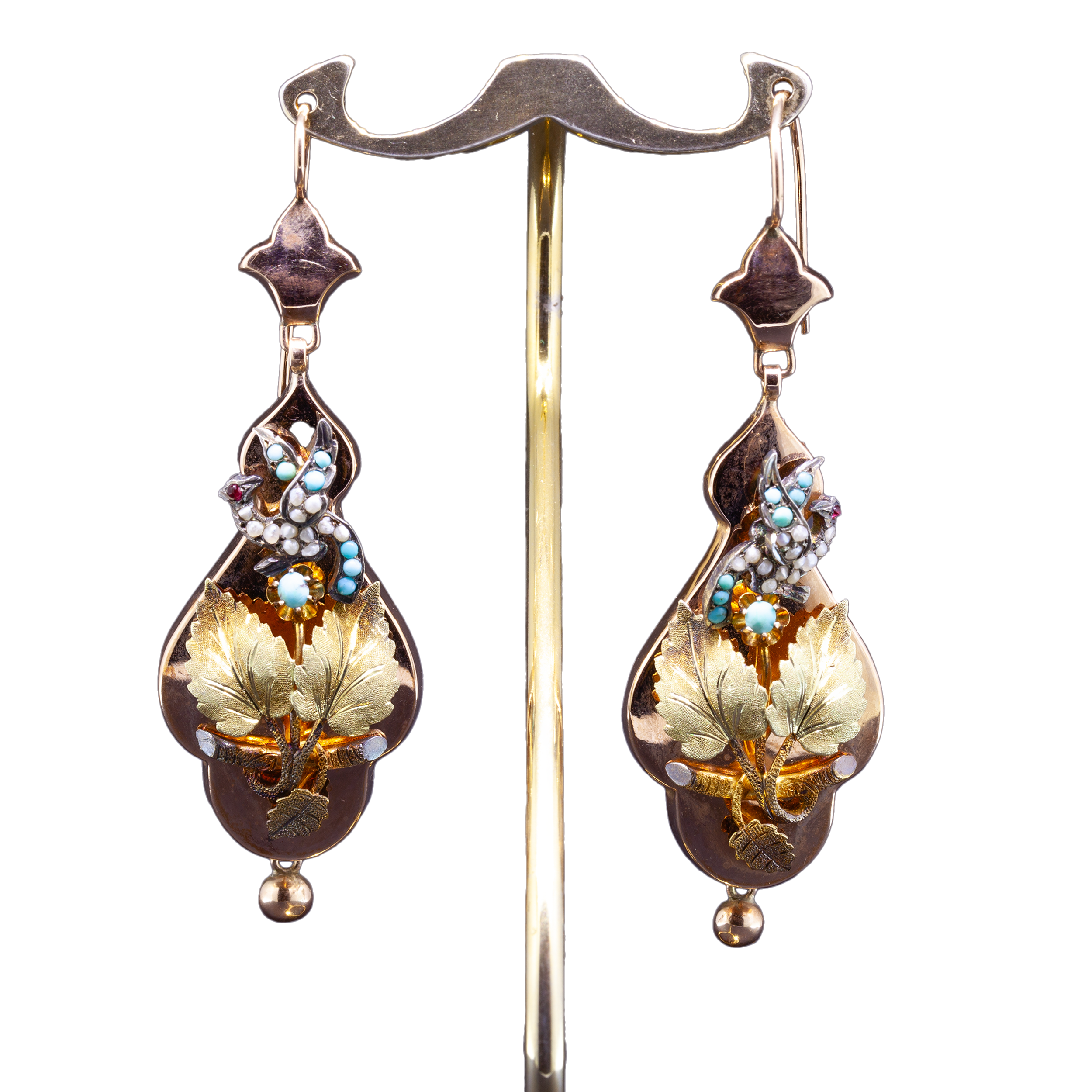 Złote kolczyki z motywem liści i feniksem - Biedermeier