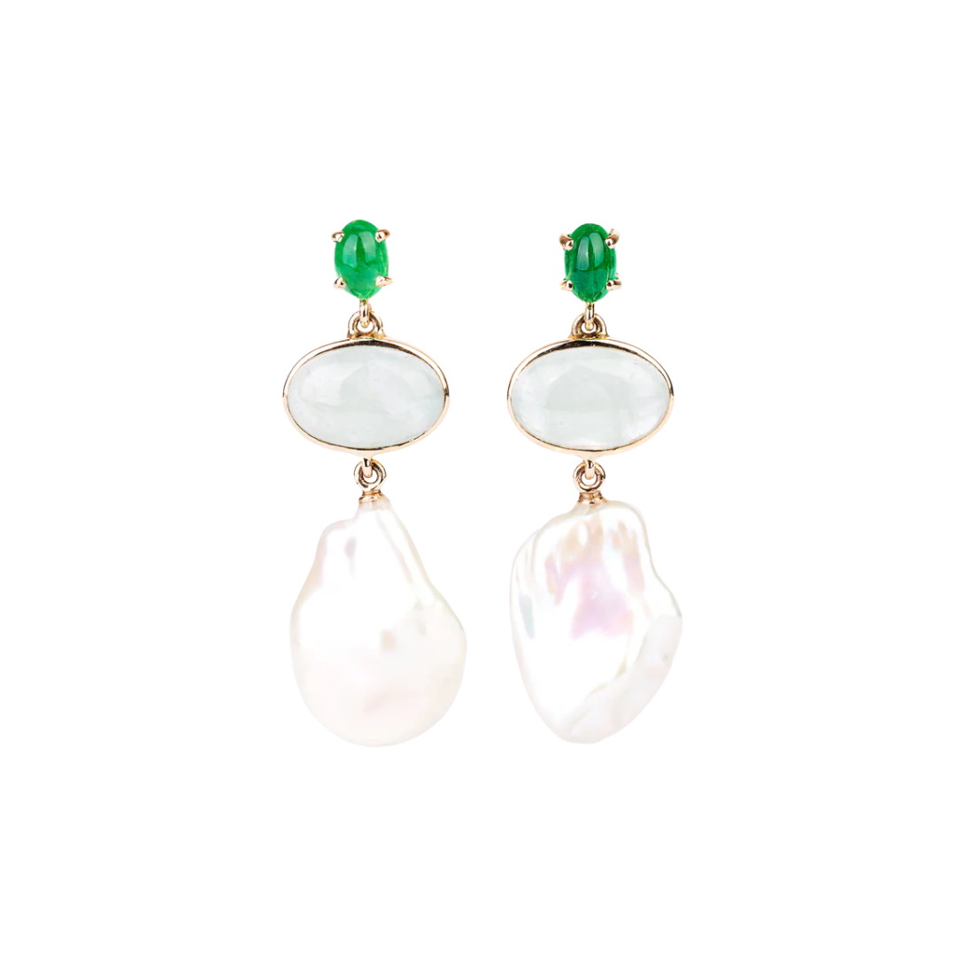 Gold earrings with baroque pearls, emeralds, and beryls