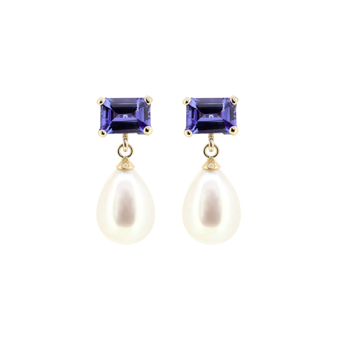 Gold earrings with tanzanites and pearls