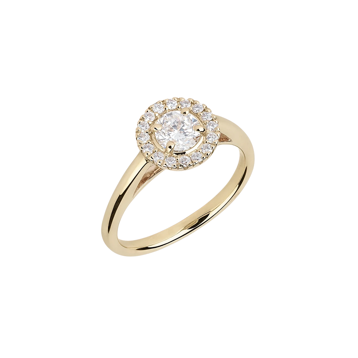 Diamond halo engagement ring in yellow gold