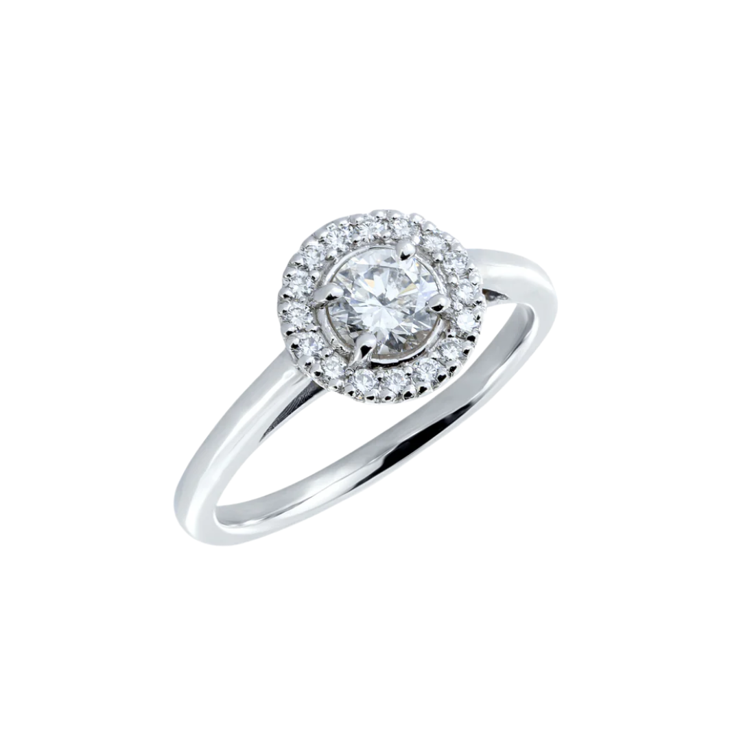 Diamond halo engagement ring in yellow gold