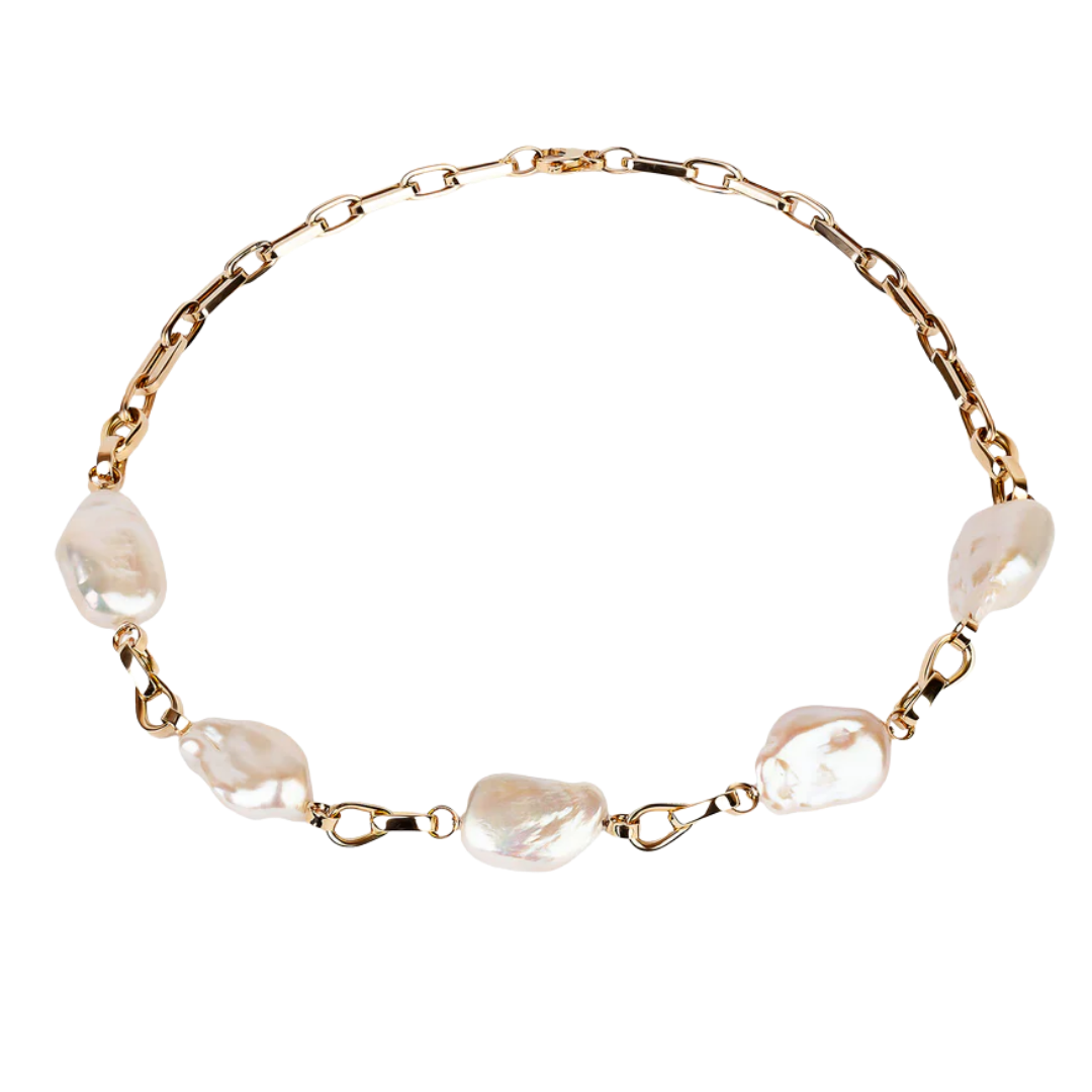 Seafood gold necklace with large baroque pearls