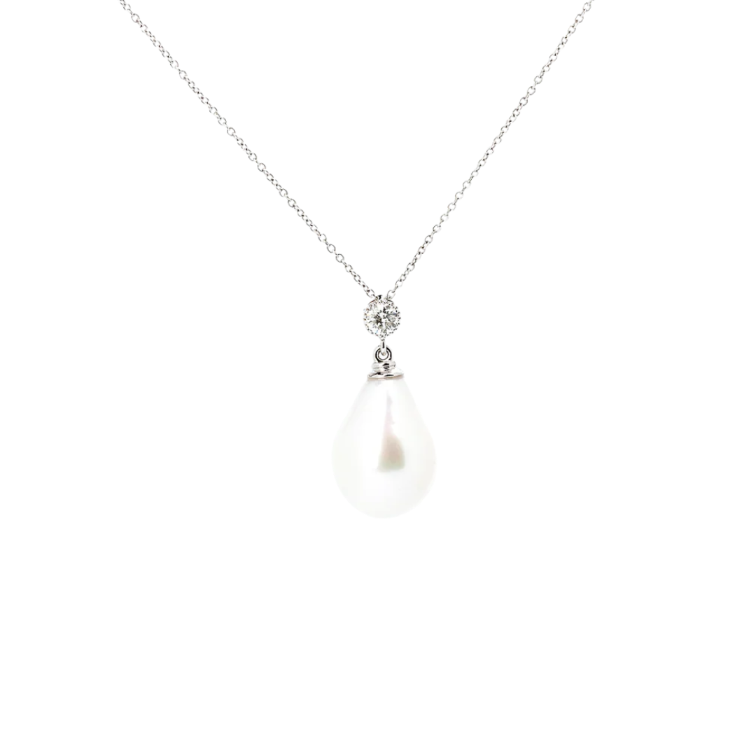 Gold necklace with a large white pearl and a diamond