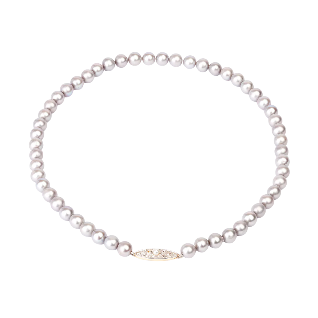 Golden necklace with Grey pearls and diamonds