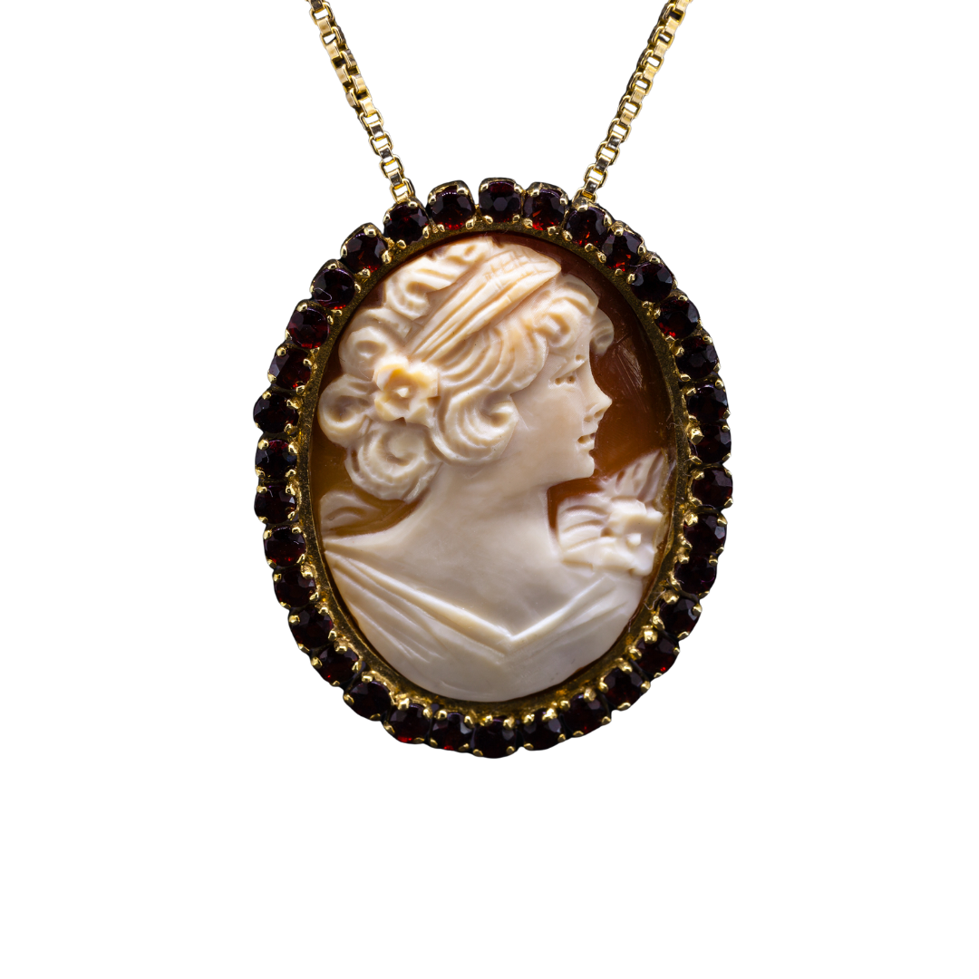 Gold necklace with hand-carved cameo and garnets from the 1950s.