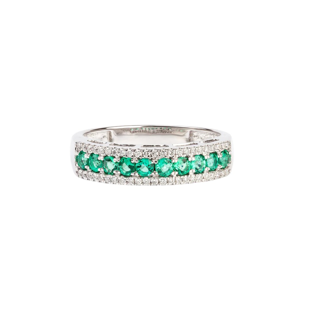 Gold ring - wedding band with diamonds and emeralds