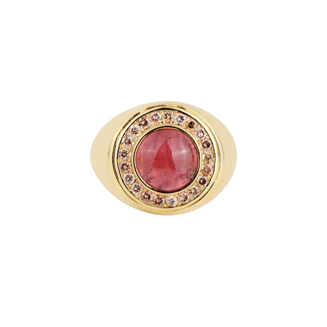 Złoty pierścionek sygnet z turmalinem i różowymi diamentami
