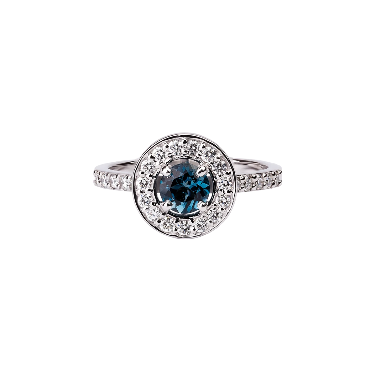 Gold ring with diamonds and London Blue topaz