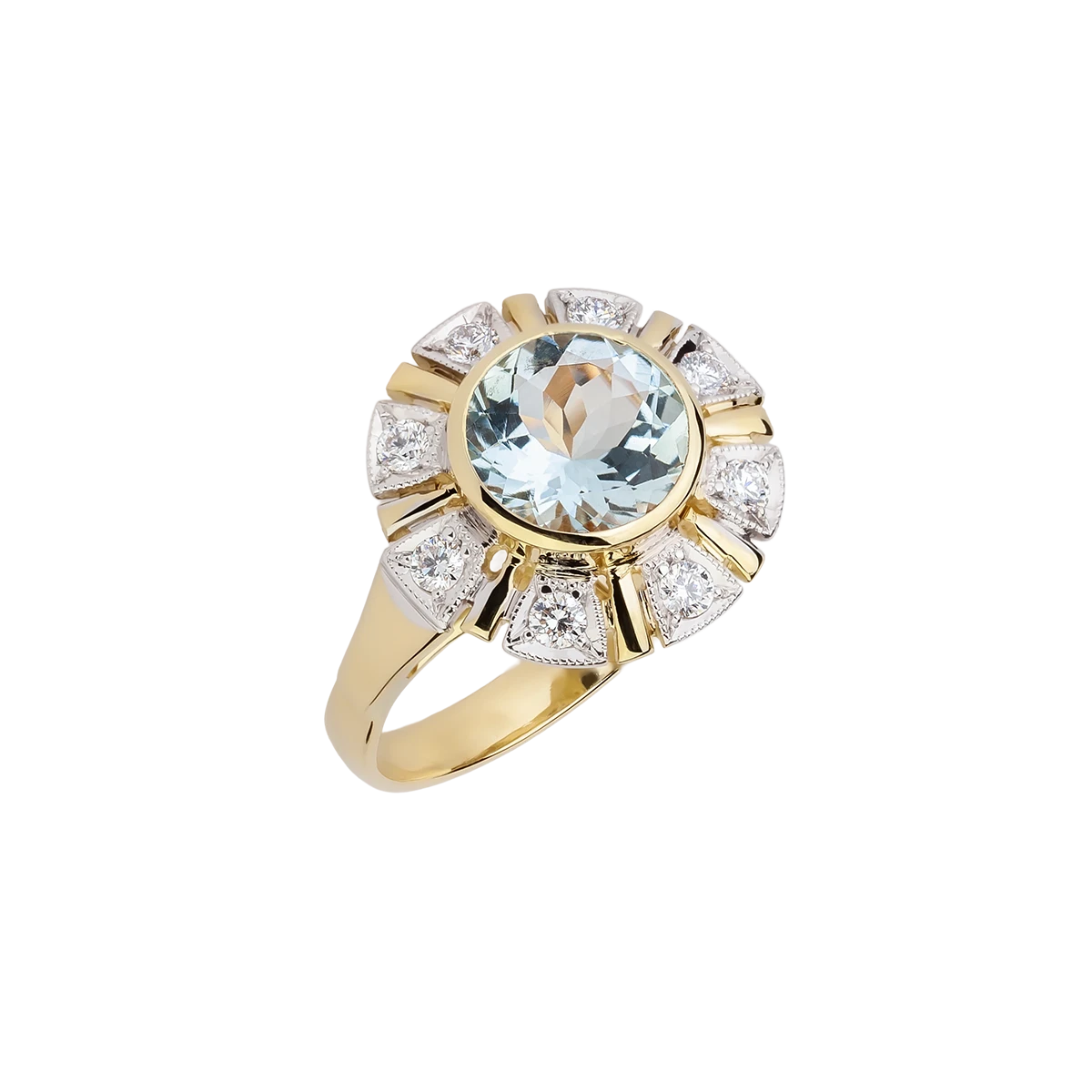 Gold ring with diamonds and aquamarine