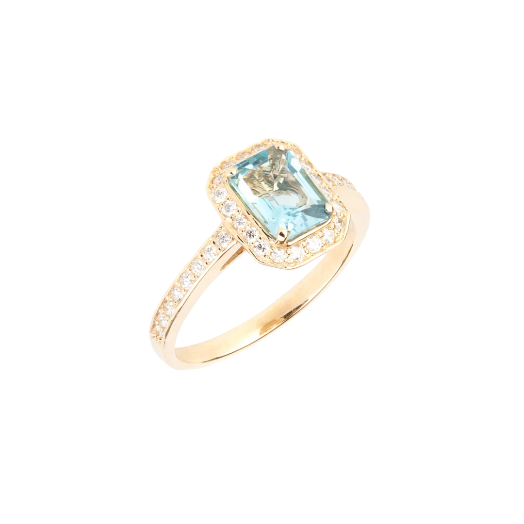 Gold ring with diamonds and aquamarine
