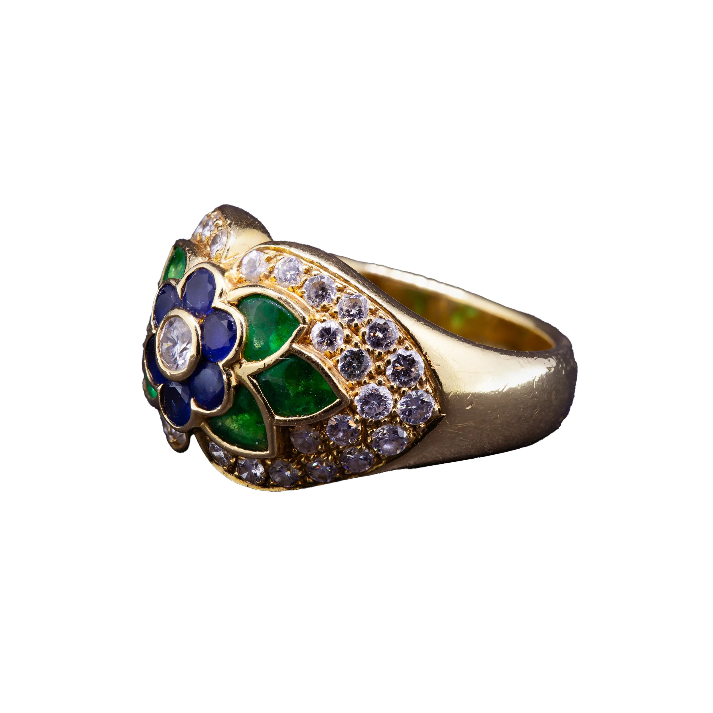 Złoty pierścionek z motywem kwiatowym z kamieni szlachetnych, Vintage, Francja
