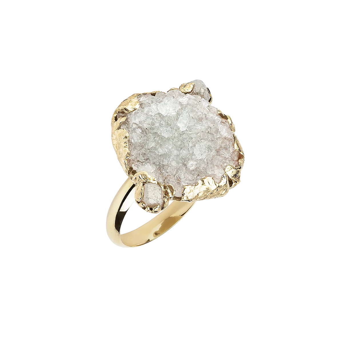 Gold ring with raw quartz and raw diamonds