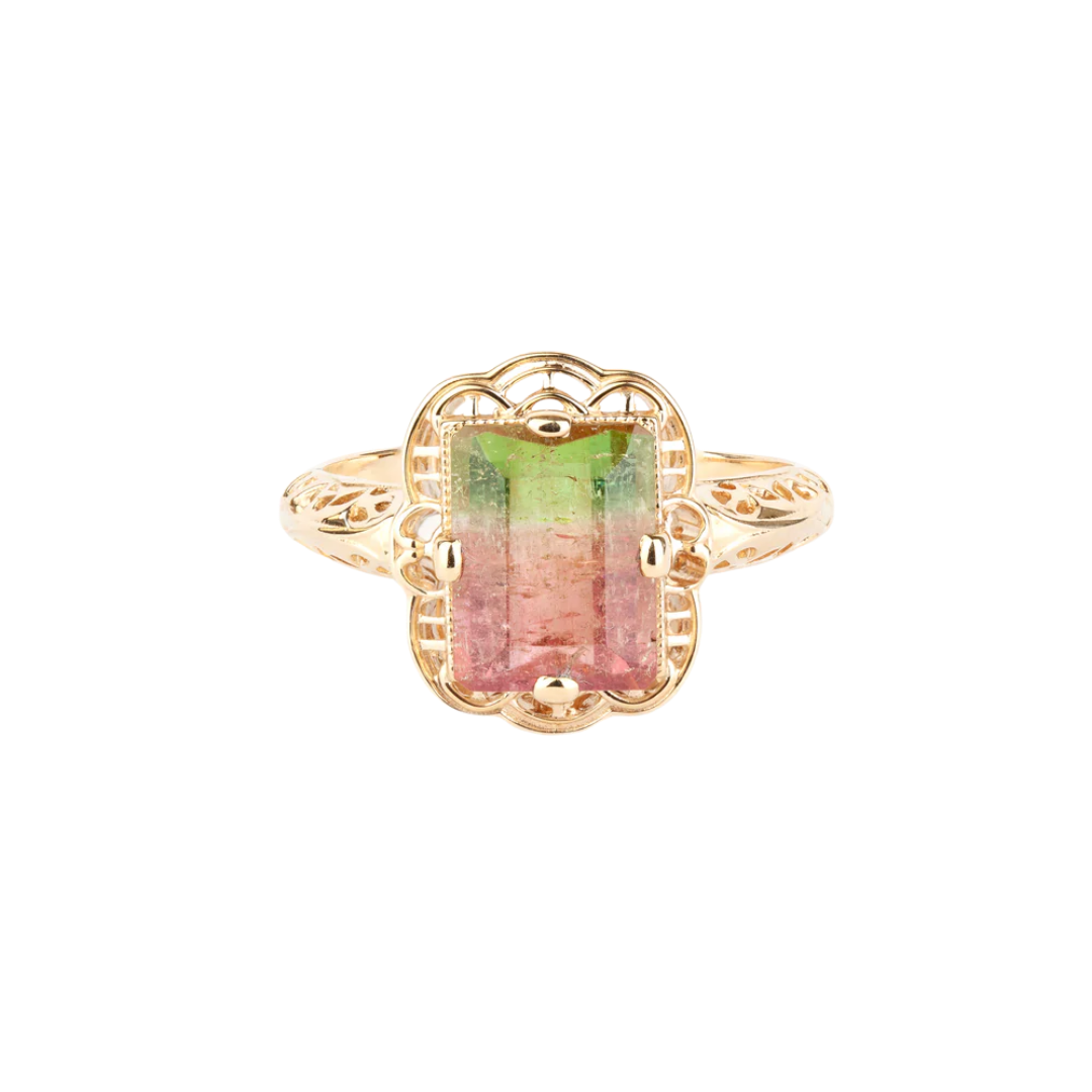 Retro style watermelon tourmaline gold ring