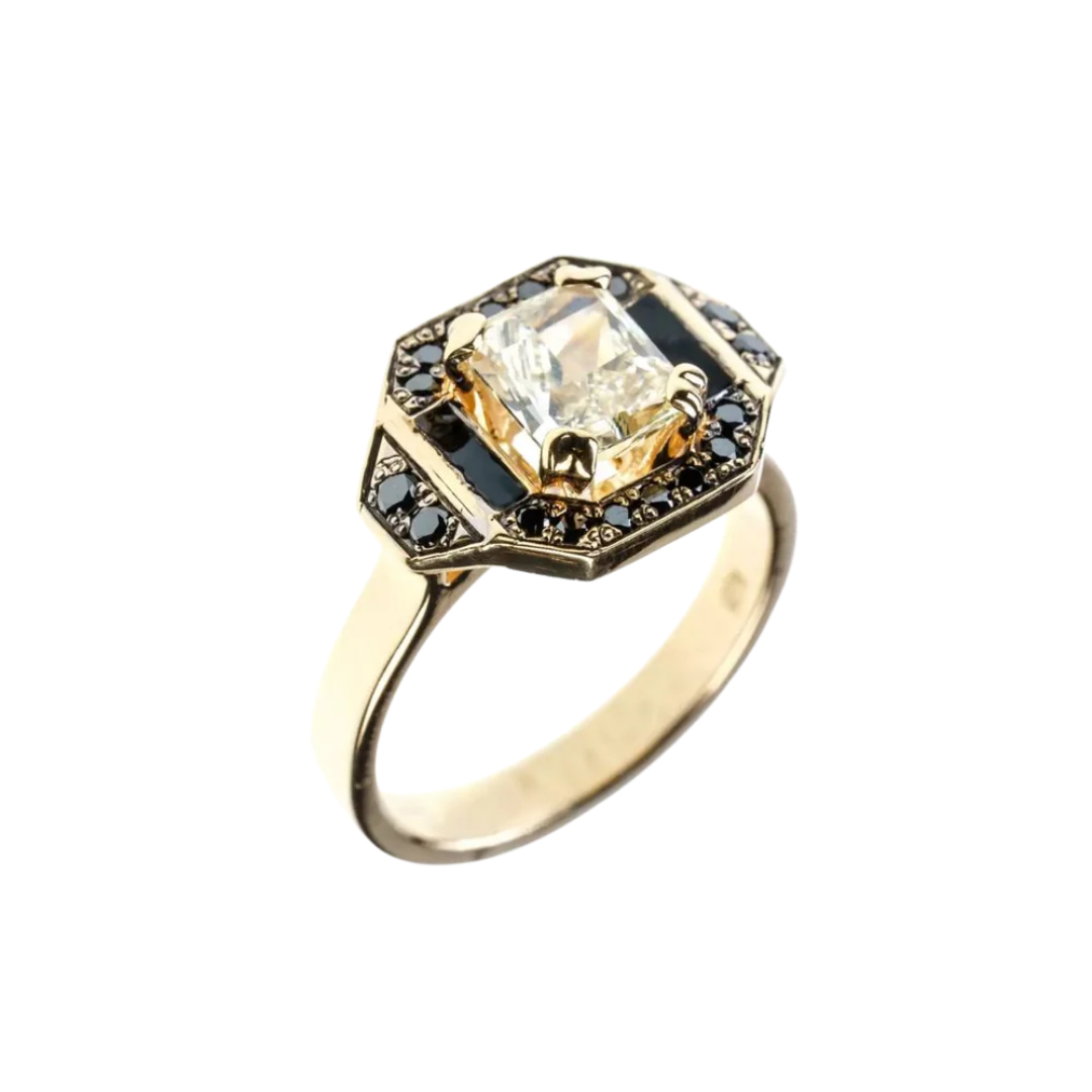 Gold ring with a 1.29 ct yellow diamond and black enamel
