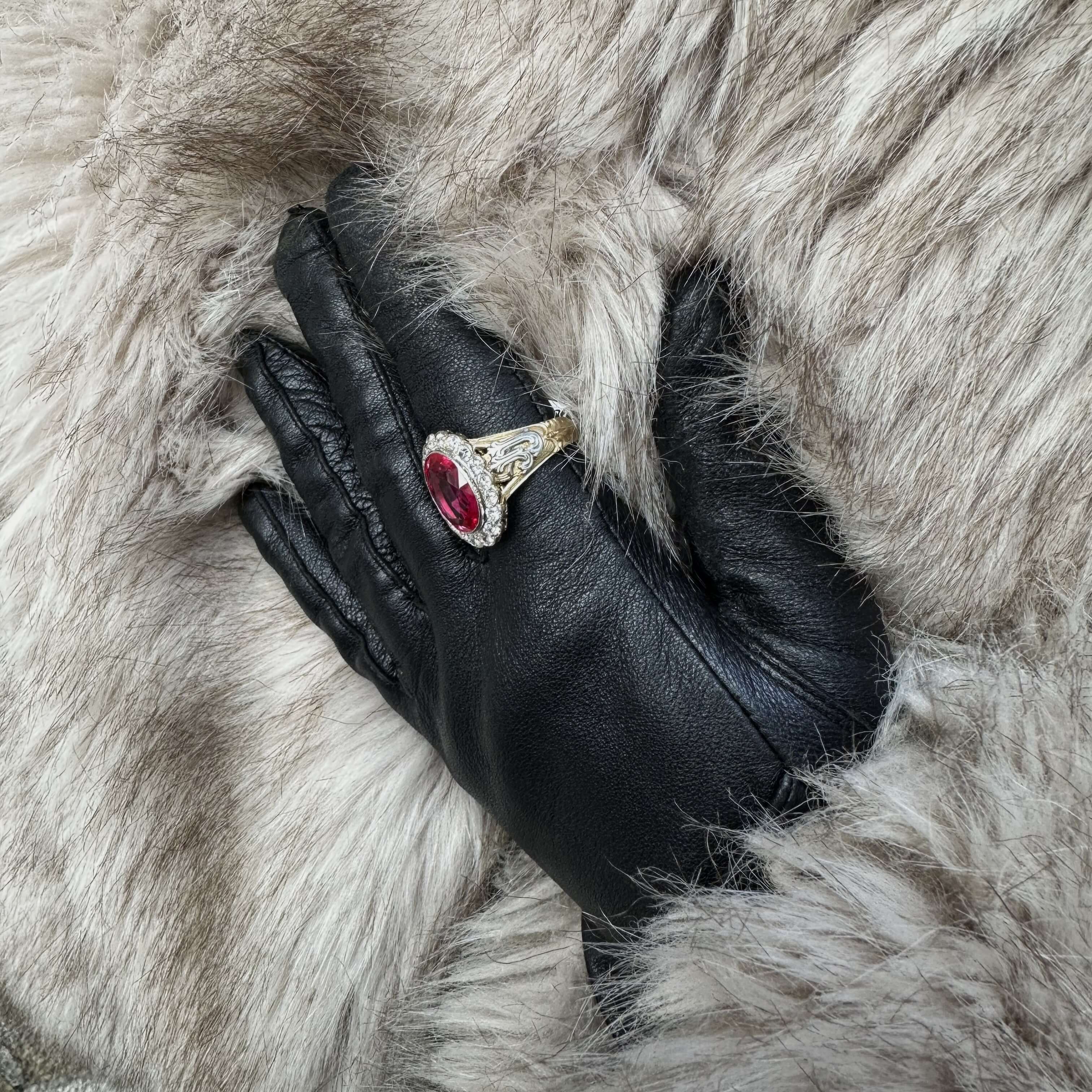 Gold, ornate signet ring with diamonds and synthetic ruby, Czechoslovakia
