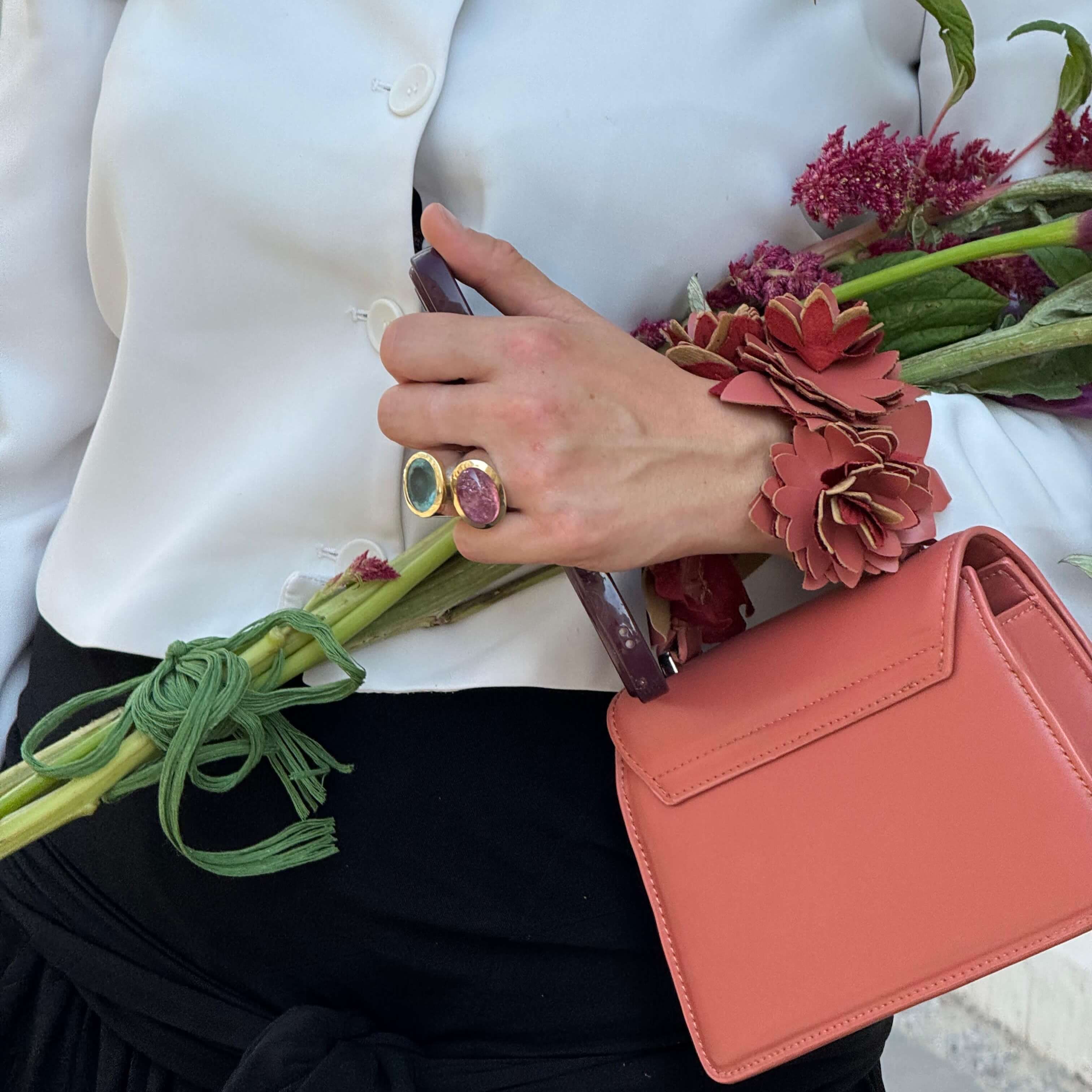 Ring with pink tourmaline, 24K Gold, Silver