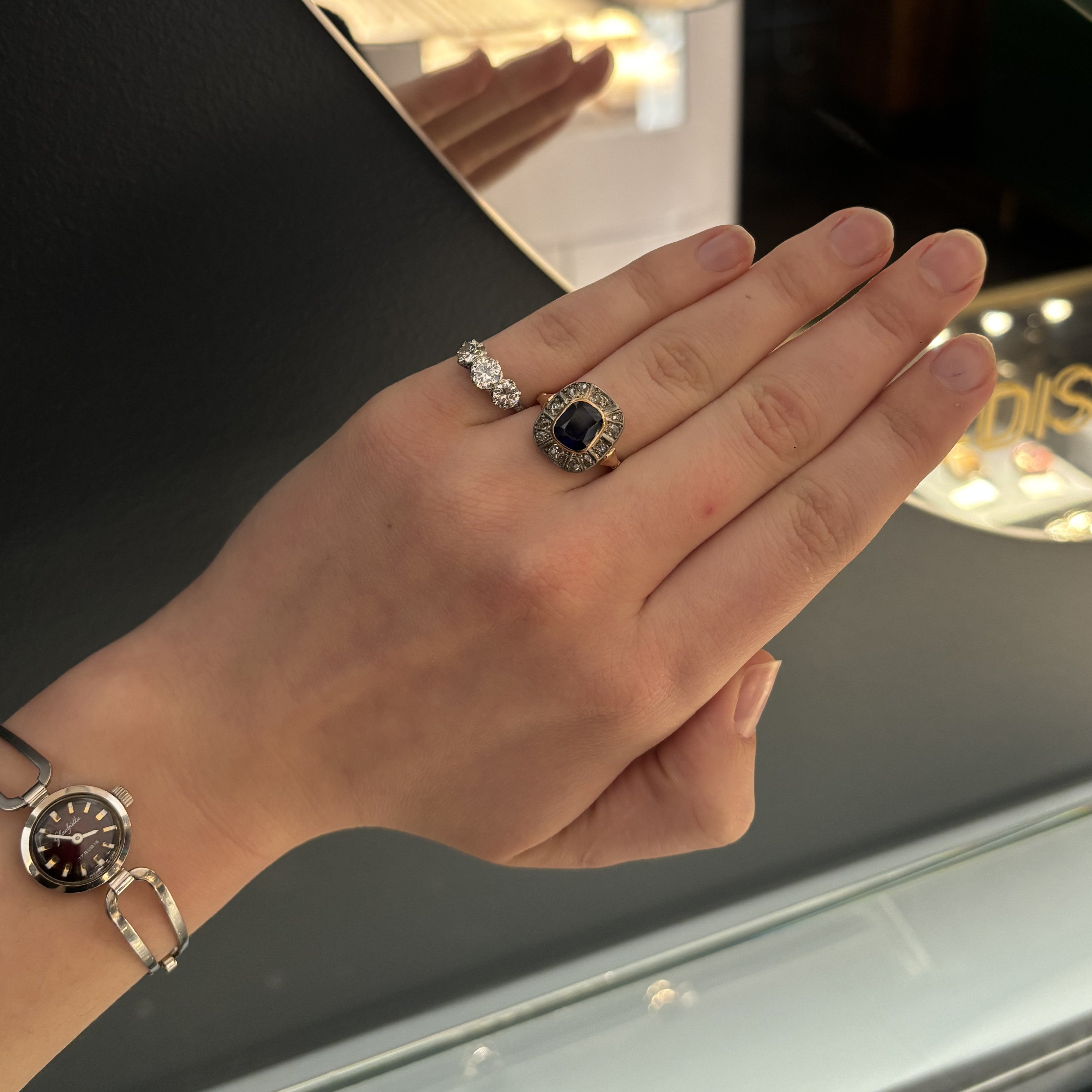 Platinum three-diamond ring, Art Deco