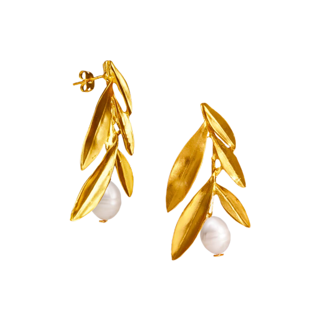Gold-plated bronze olive branch earrings with white pearls