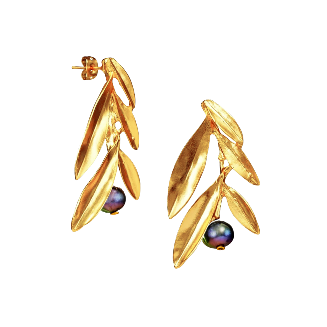 Gold-plated bronze olive branch earrings with dark pearls