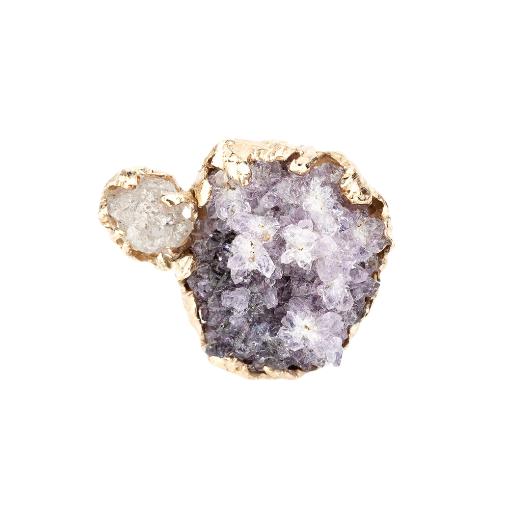 Gold ring with raw amethyst and raw diamond