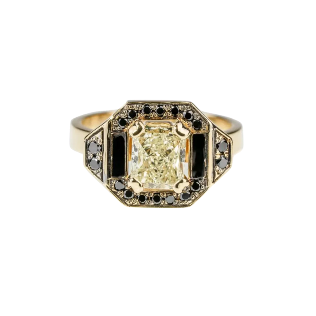 Gold ring with a 1.29 ct yellow diamond and black enamel