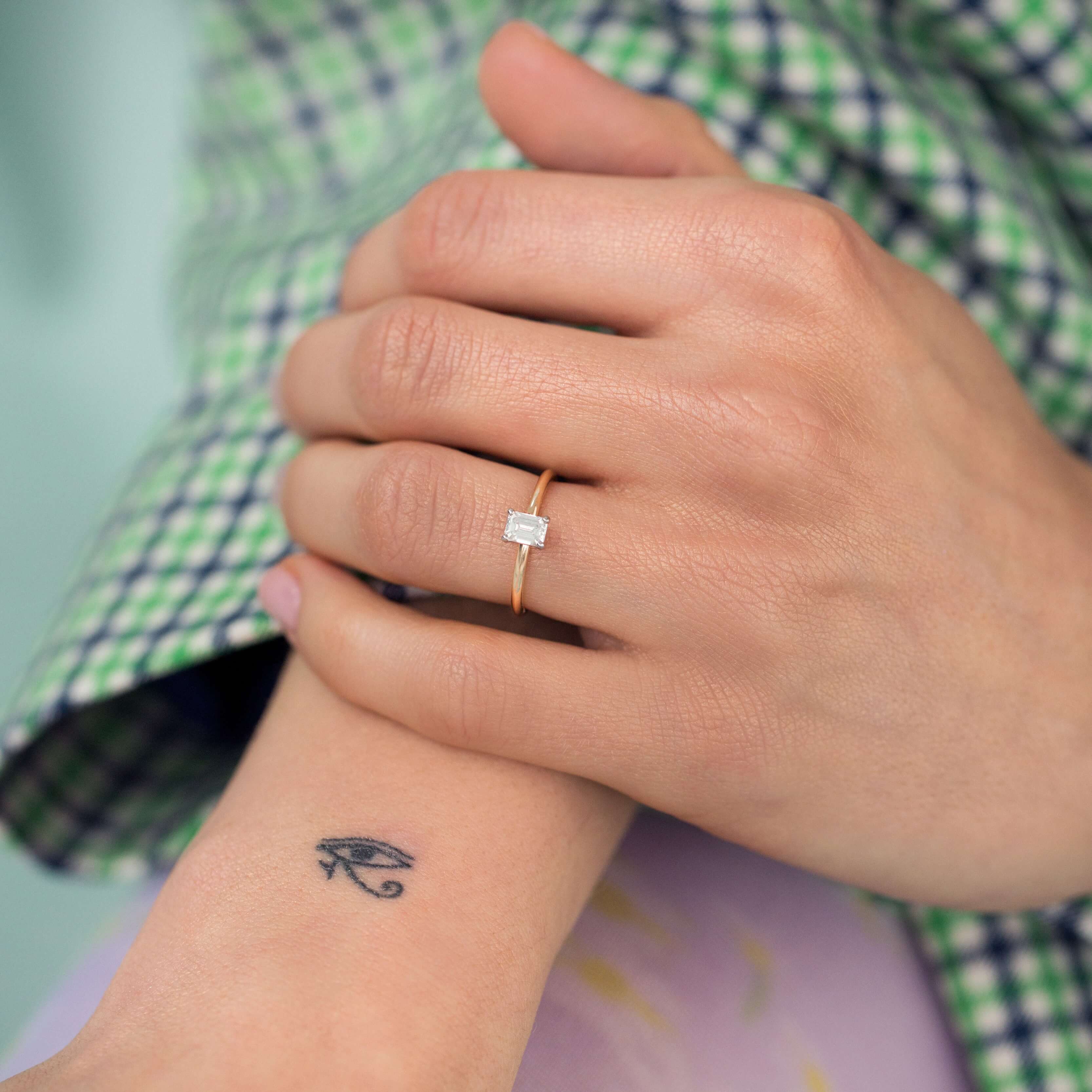 Simple Fantasy Gold Ring with GIA Emerald Cut Diamond
