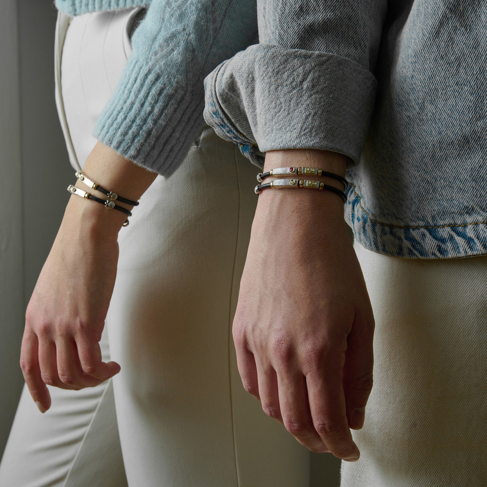 Leather bracelet with silver and gold elements
