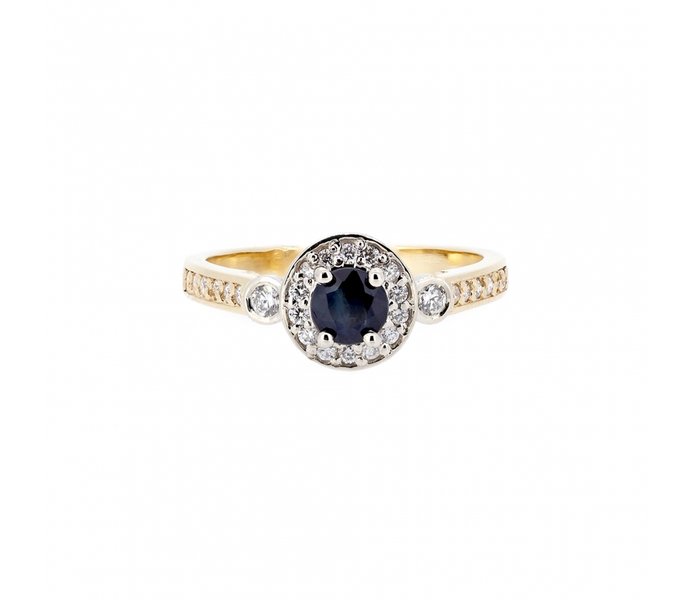 Gold ring with sapphire and diamond halo - 1