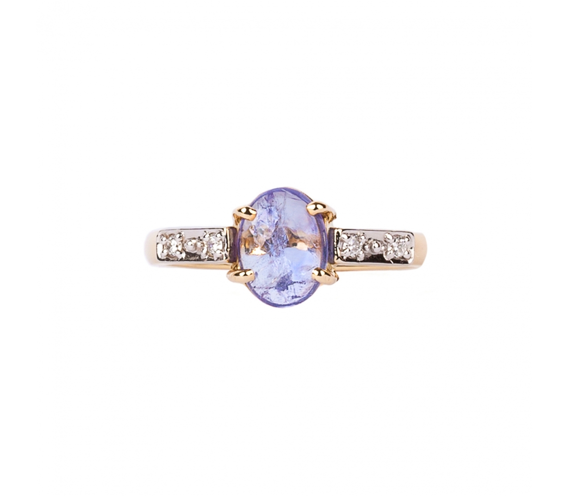 Gold signet ring with cabochone cut tanzanite and diamonds - 1