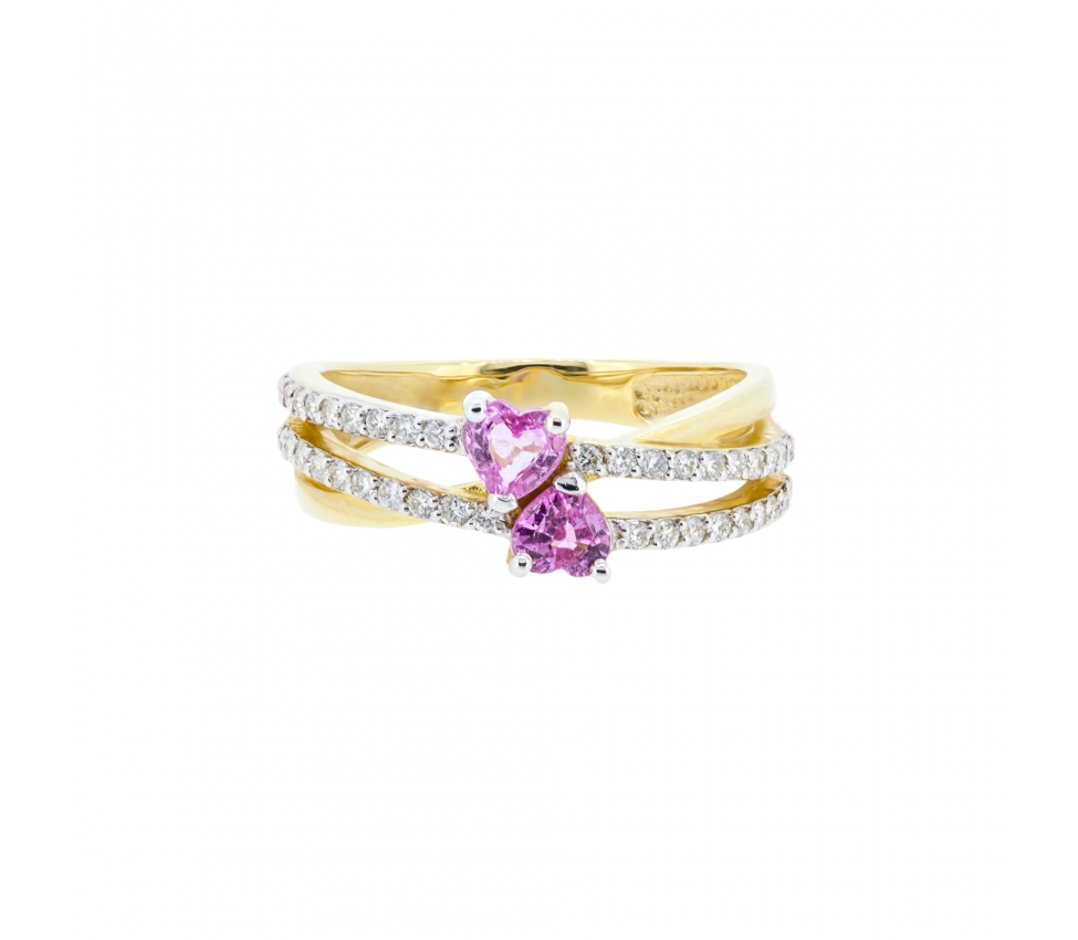 Gold interwoven ring with heart shaped pink sapphires and diamonds - 1