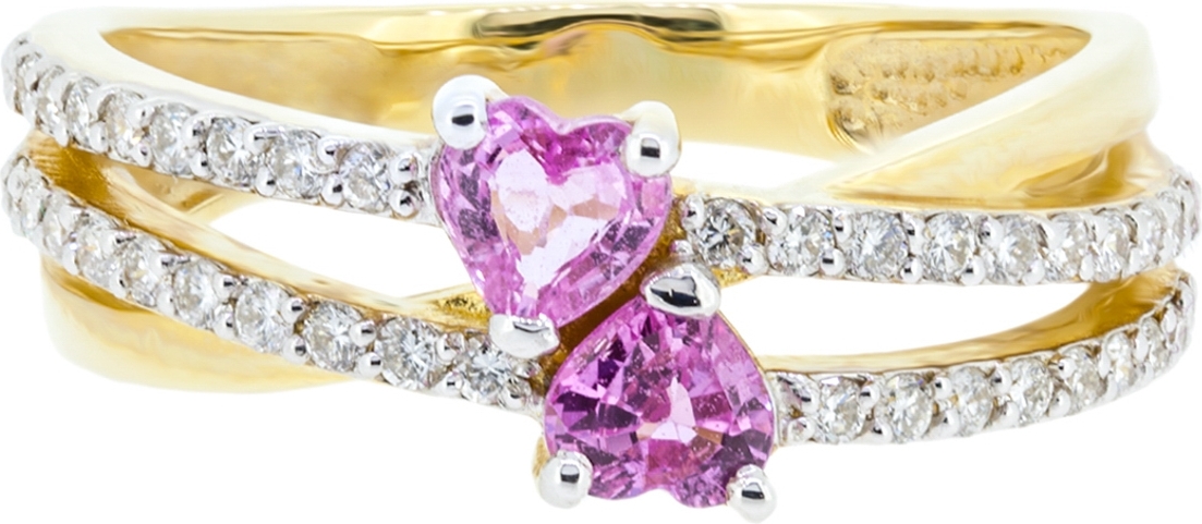 Gold interwoven ring with heart shaped pink sapphires and diamonds - 1