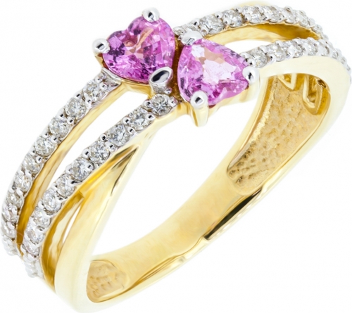 Gold interwoven ring with heart shaped pink sapphires and diamonds - 2