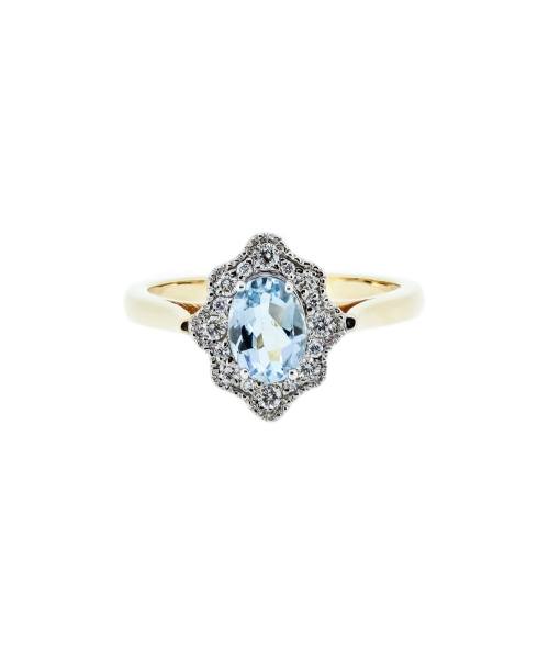 Gold retro style ring with aquamarine and diamonds - 1