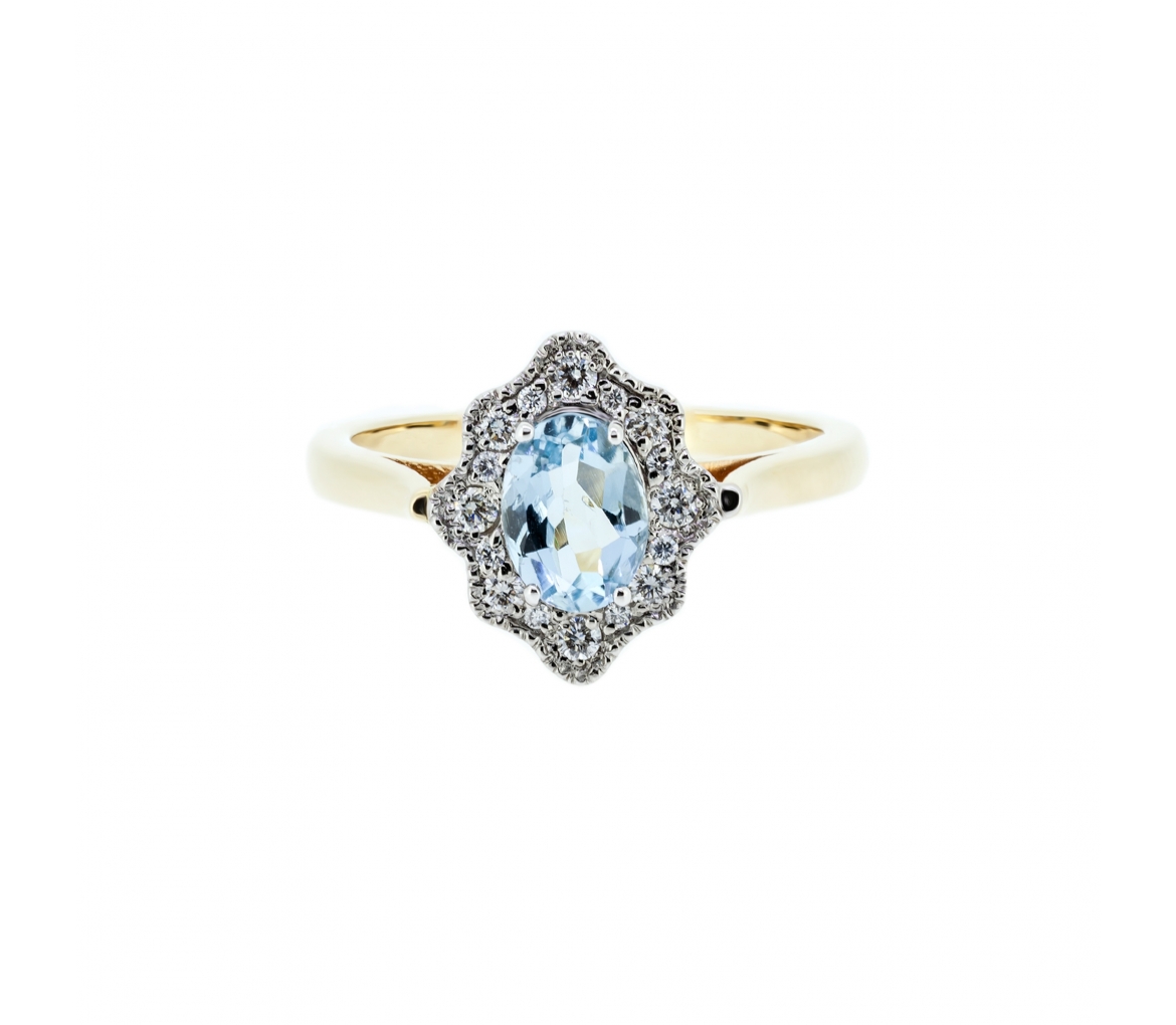 Gold retro style ring with aquamarine and diamonds - 1