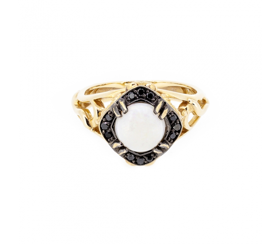 Gold open work opal and black diamonds ring - 1