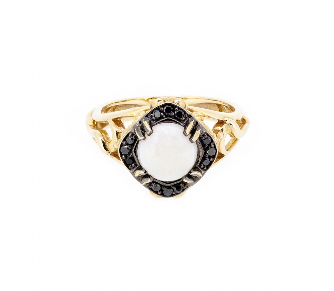 Gold open work opal and black diamonds ring - 1