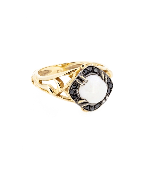 Gold open work opal and black diamonds ring - 2