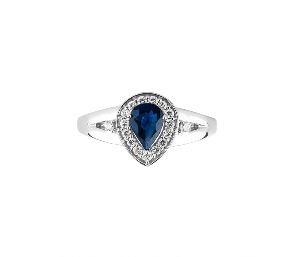 Gold ring with pear cut sapphire and diamond halo - 1