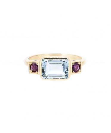 Aquamarine and ruby retro style ring - 1