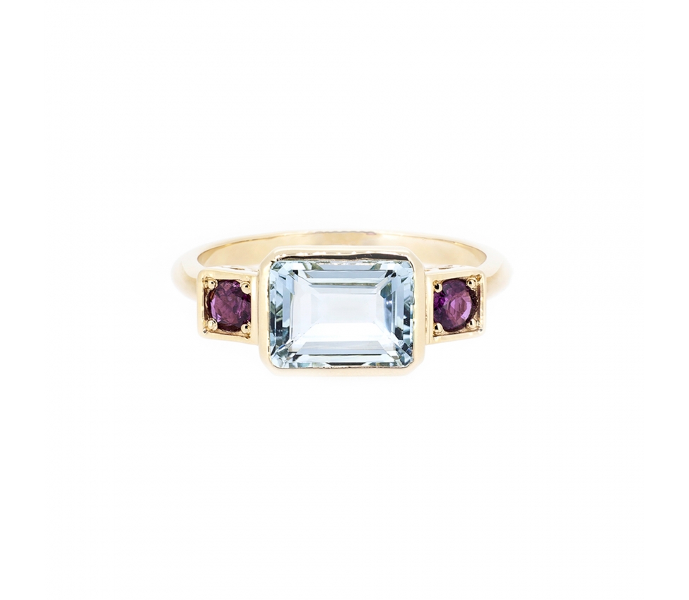 Aquamarine and ruby retro style ring - 1