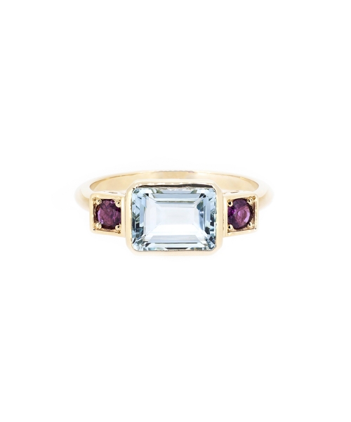 Aquamarine and ruby retro style ring - 1