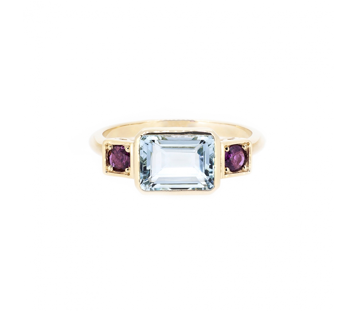 Aquamarine and ruby retro style ring - 1