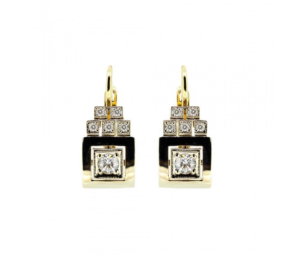 Gold retro style diamond square earrings english lock - 1