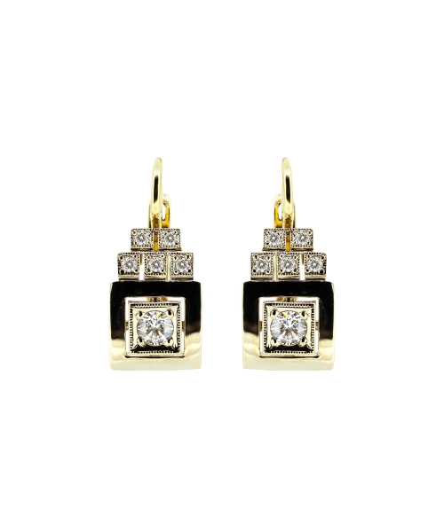 Gold retro style diamond square earrings english lock - 1