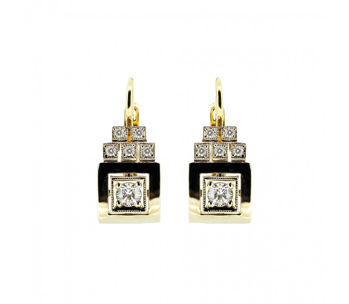 Gold retro style diamond square earrings english lock - 1