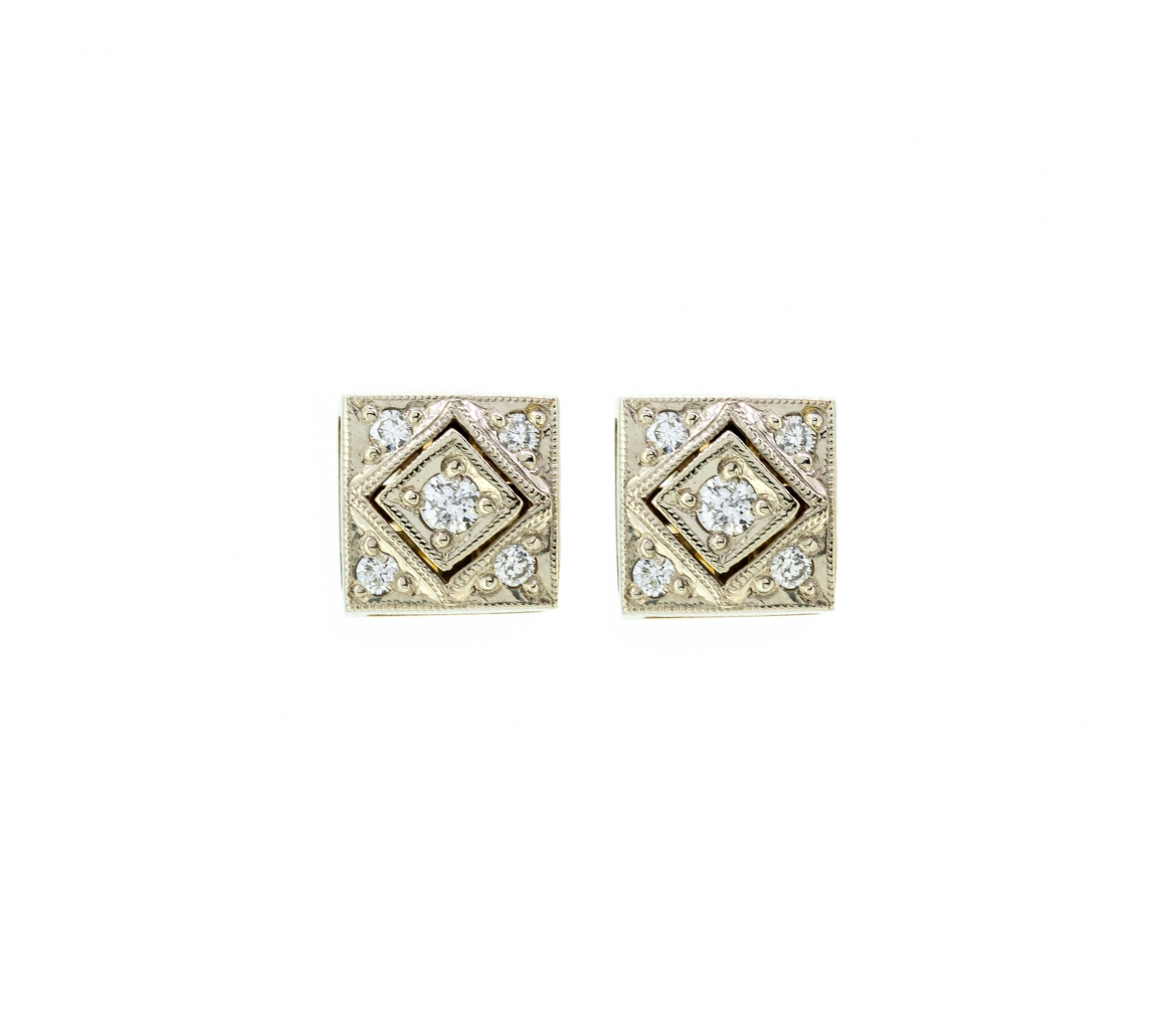 Gold square retro style diamond stud earrings - 1