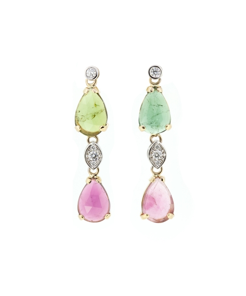 Gold stud earrings with tourmalines and diamonds - 1